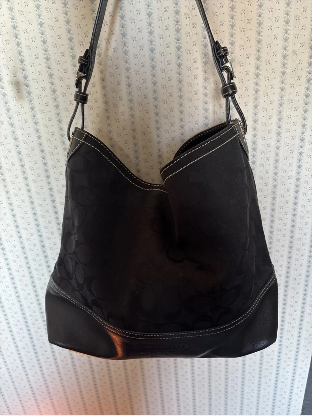 Coach Black Jacquard and Leather Hobo Shoulder Bag